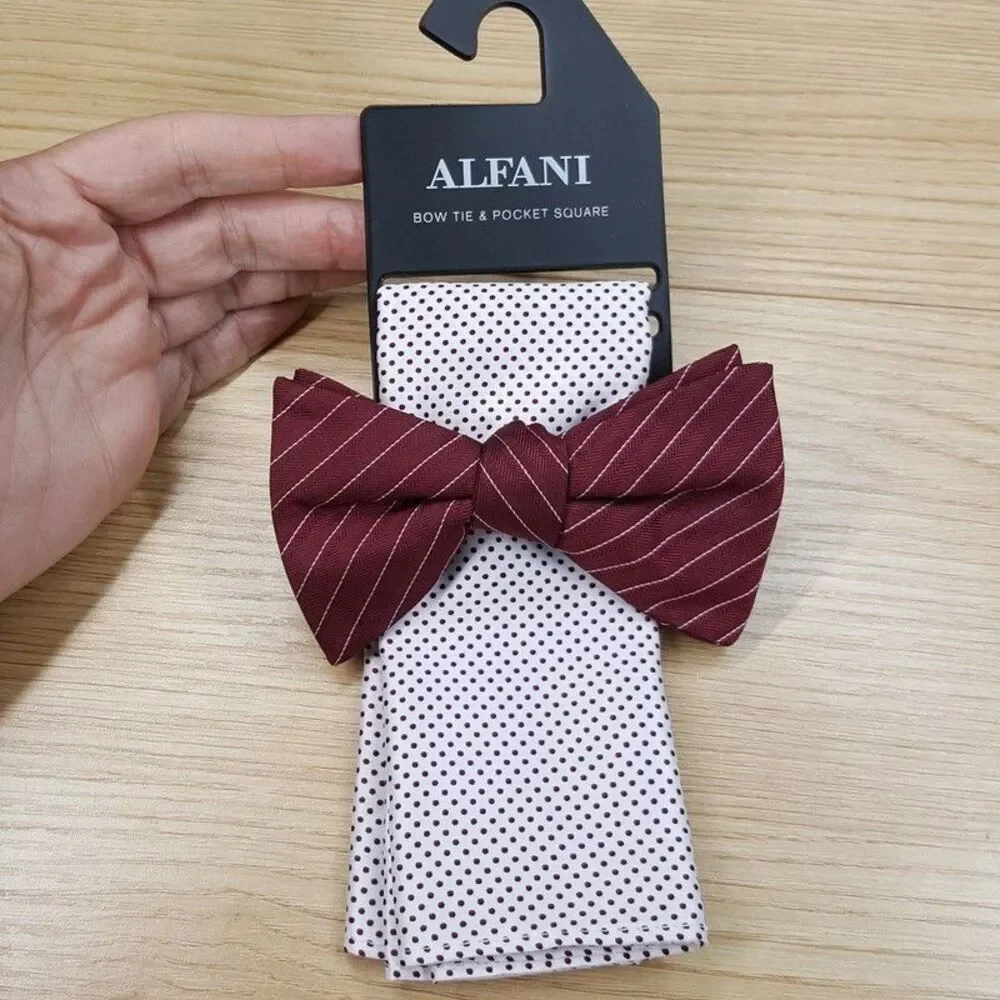 ALFANI Mens Bow Tie Burgundy Stripe Pre-tied & White Polka Dot Pocket Square Set